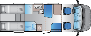 Matkailuauton pohjapiirrustus - Dethleffs Trend T 7057 DBL Auton konfiguraatio (laskettava vuode keskellä)